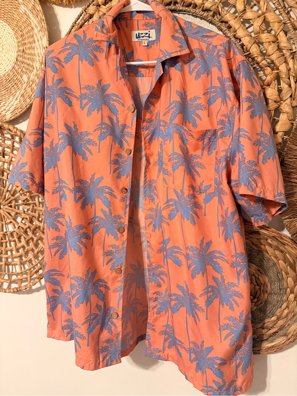 Uzi Coral Palm-Print Short Sleeve Button-Down Shirt